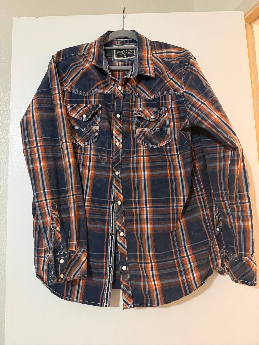 BKE Vintage Standard Fit Men's Navy and Orange Plaid Button-Down Shirt